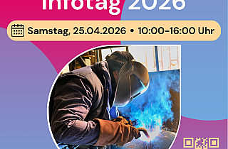 Flyer Infotag 2026, Bild mit Schweißerin und Informationen zur Veranstaltung
