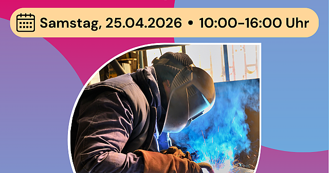 Flyer Infotag 2026, Bild mit Schweißerin und Informationen zur Veranstaltung