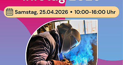 Plakat für Infotag 2026 mit Schweißerbild und Veranstaltungsdetails in Neumünster